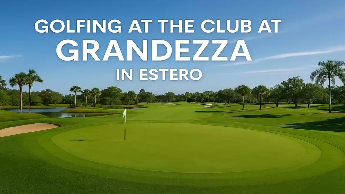 Golf course with green landscape at the Club at Grandezza in Estero, surrounded by palm trees and a deep blue sky.