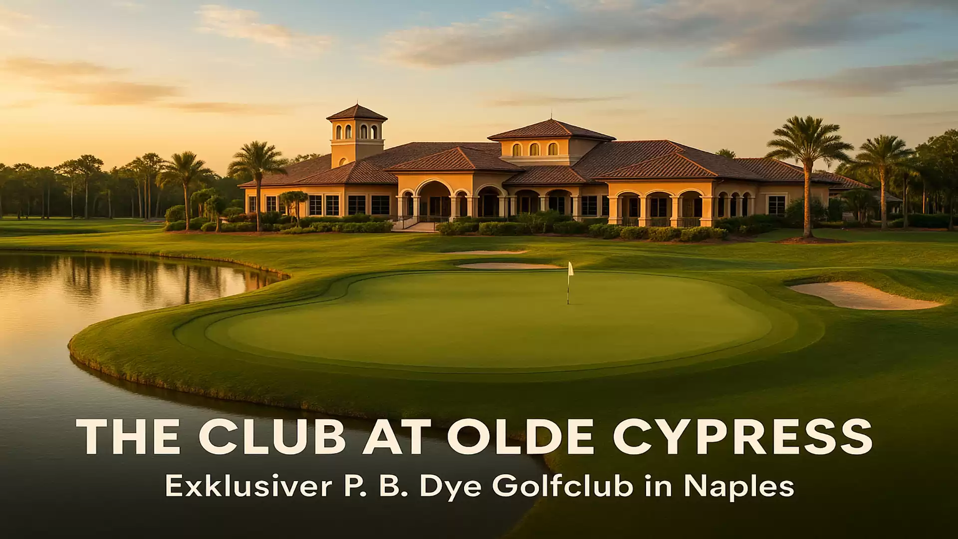 Olde Cypress golf club in Naples at sunset with palm trees and a pond in the foreground.