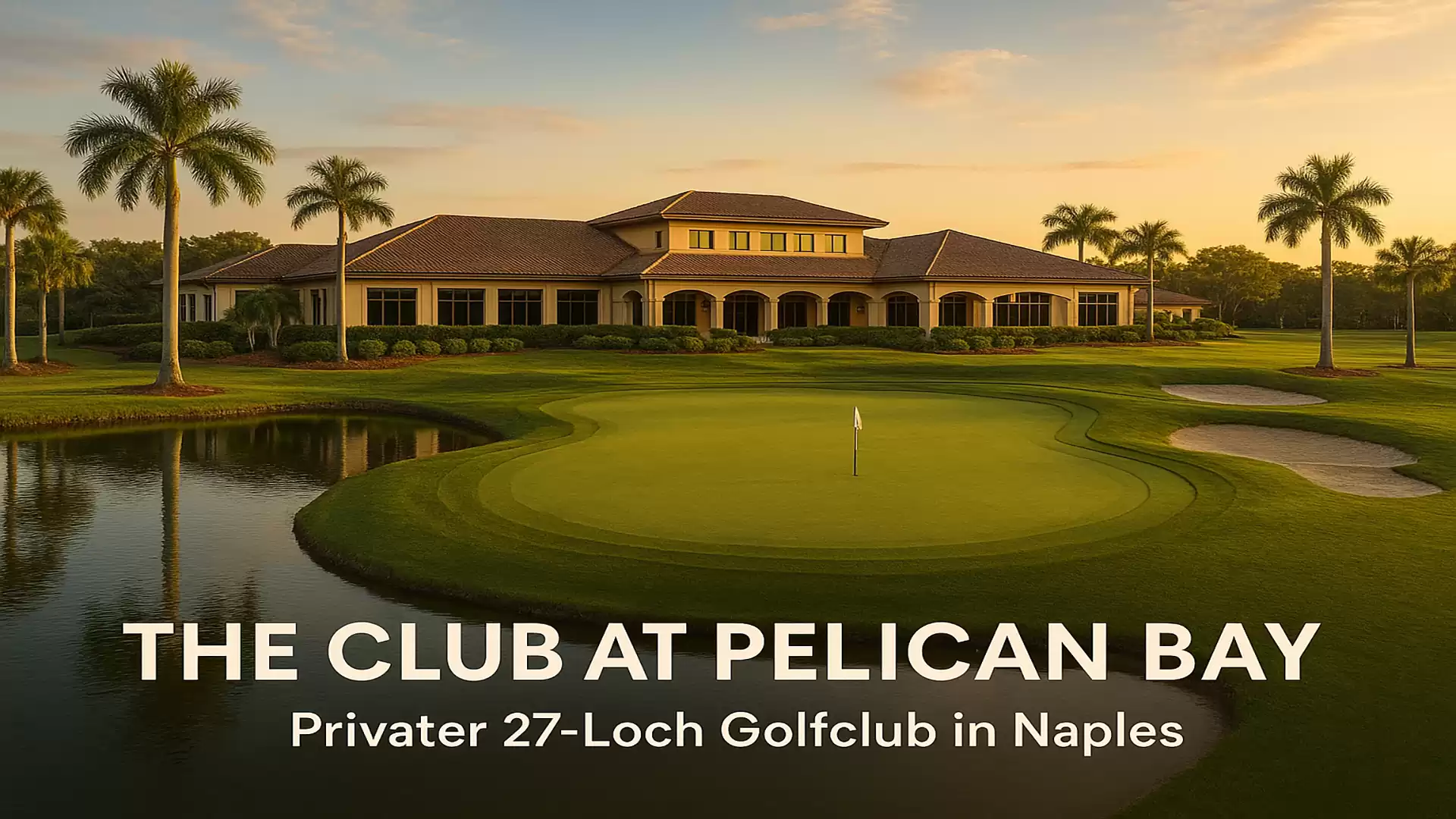 A picturesque view of a golf course with a large clubhouse and palm trees in the background, labeled 'The Club at Pelican Bay, Private 27-Hole Golf Club in Naples'.