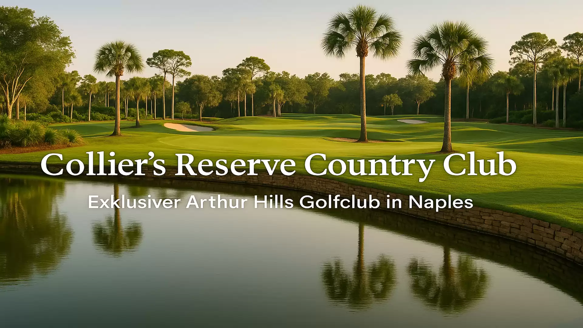 Collier’s Reserve Country Club with stately palm trees and a tranquil pond, exclusive Arthur Hills golf club in Naples.