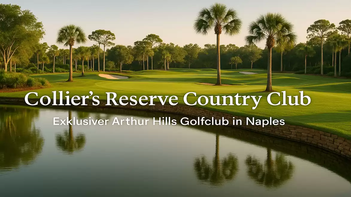 Collier’s Reserve Country Club with stately palm trees and a tranquil pond, exclusive Arthur Hills golf club in Naples.