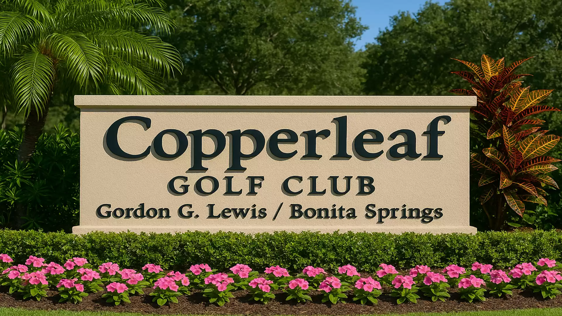 Entrance sign of Copperleaf Golf Club in Bonita Springs, surrounded by blooming shrubs and green vegetation.