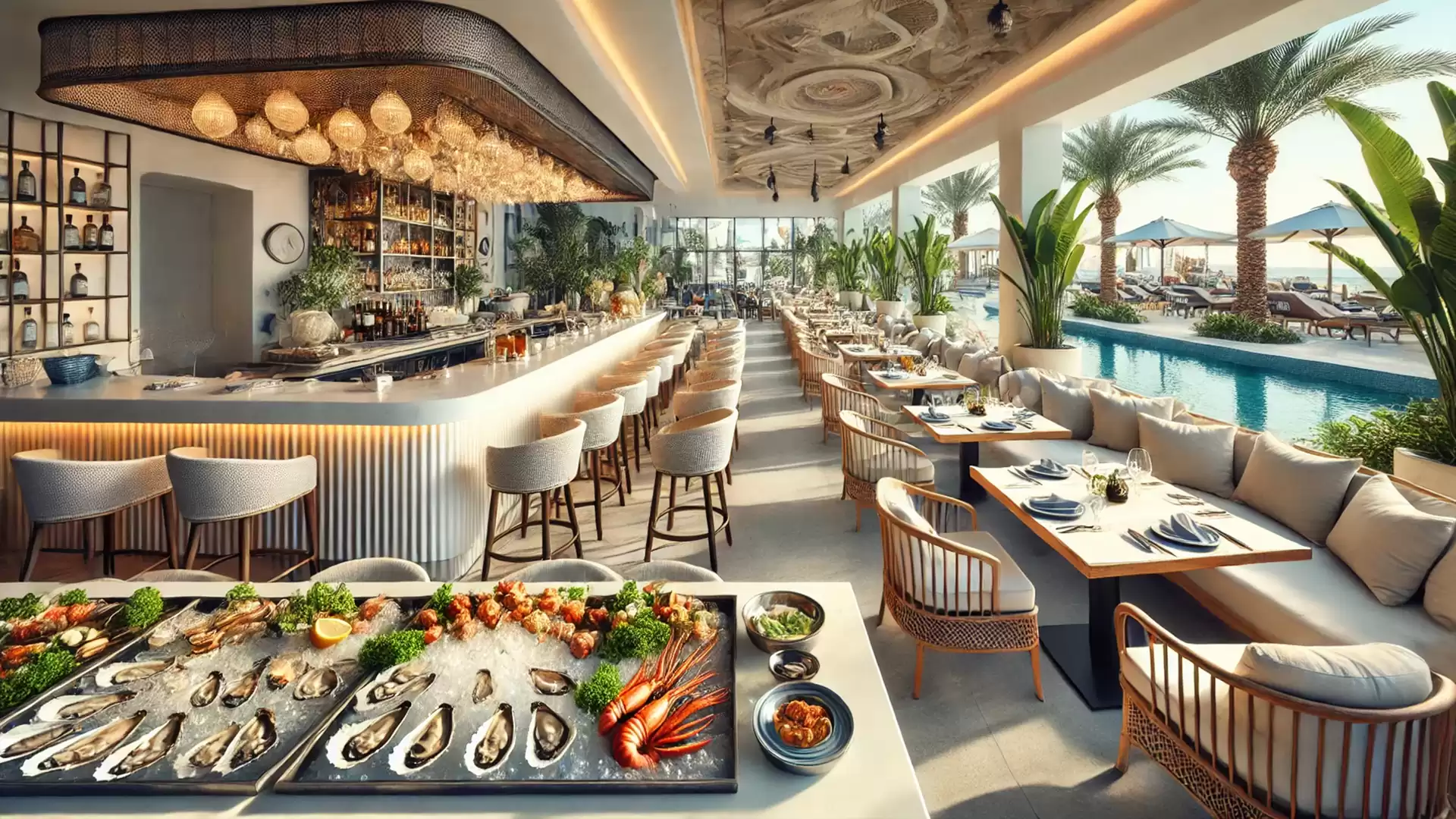 Modern restaurant with an elegant bar, stylish seating areas, and large windows overlooking an outdoor pool with palm trees.