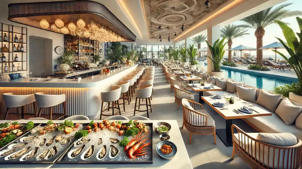Modern restaurant with an elegant bar, stylish seating areas, and large windows overlooking an outdoor pool with palm trees.