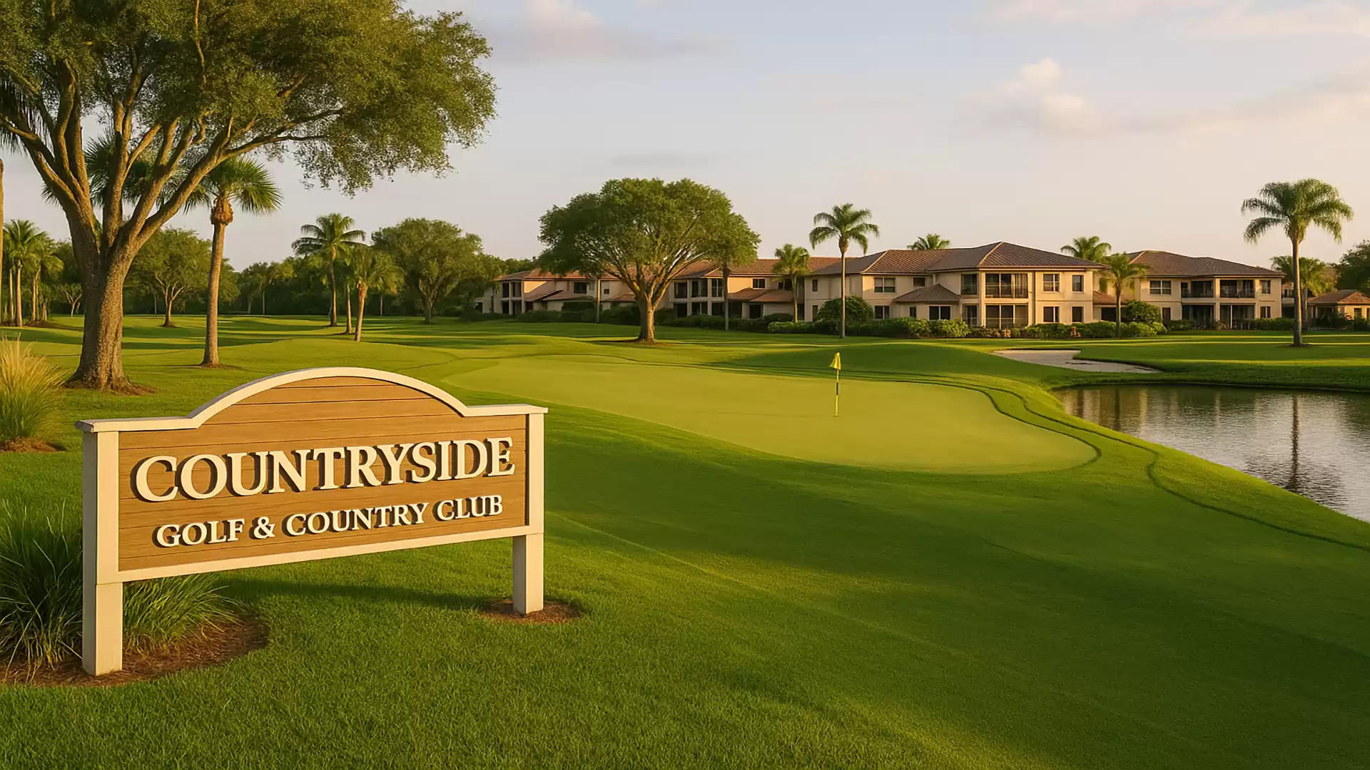 A picturesque golf course with grassy landscape, palm trees, a water hazard, and a clubhouse in the background. A sign reading 'COUNTRYSIDE GOLF & COUNTRY CLUB' is in the foreground.