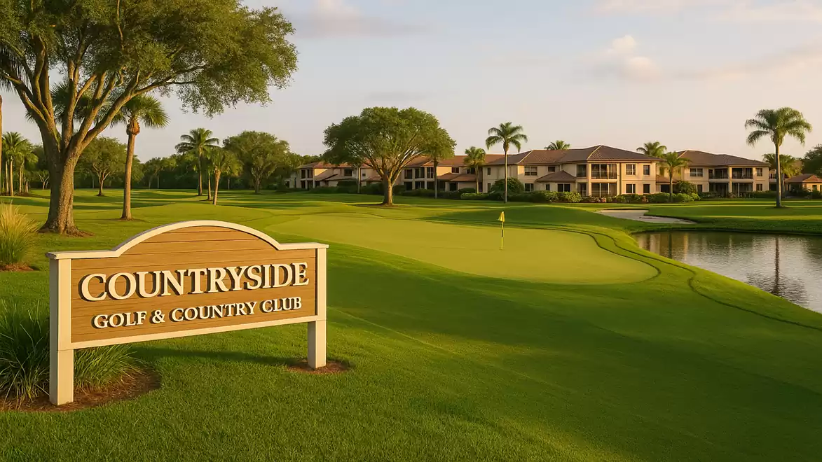 A picturesque golf course with grassy landscape, palm trees, a water hazard, and a clubhouse in the background. A sign reading 'COUNTRYSIDE GOLF & COUNTRY CLUB' is in the foreground.