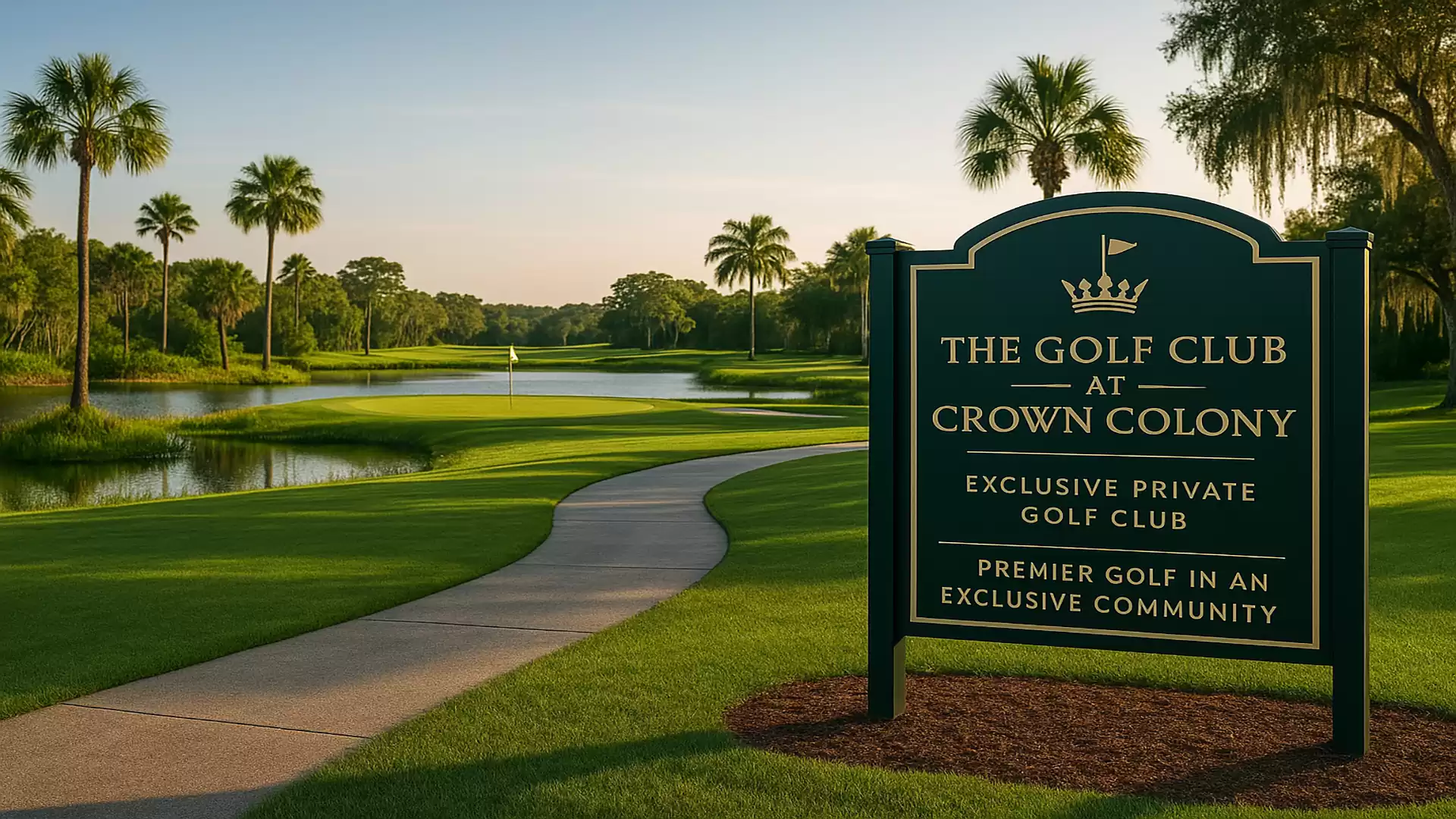 A well-maintained golf course featuring a sign for the Golf Club at Crown Colony, surrounded by palm trees and a scenic pond.