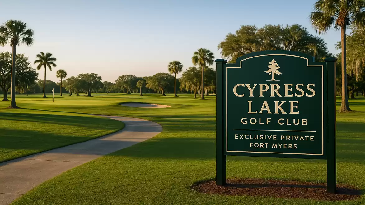 Green golf course with palm trees and Cypress Lake Golf Club sign in Fort Myers at sunset.