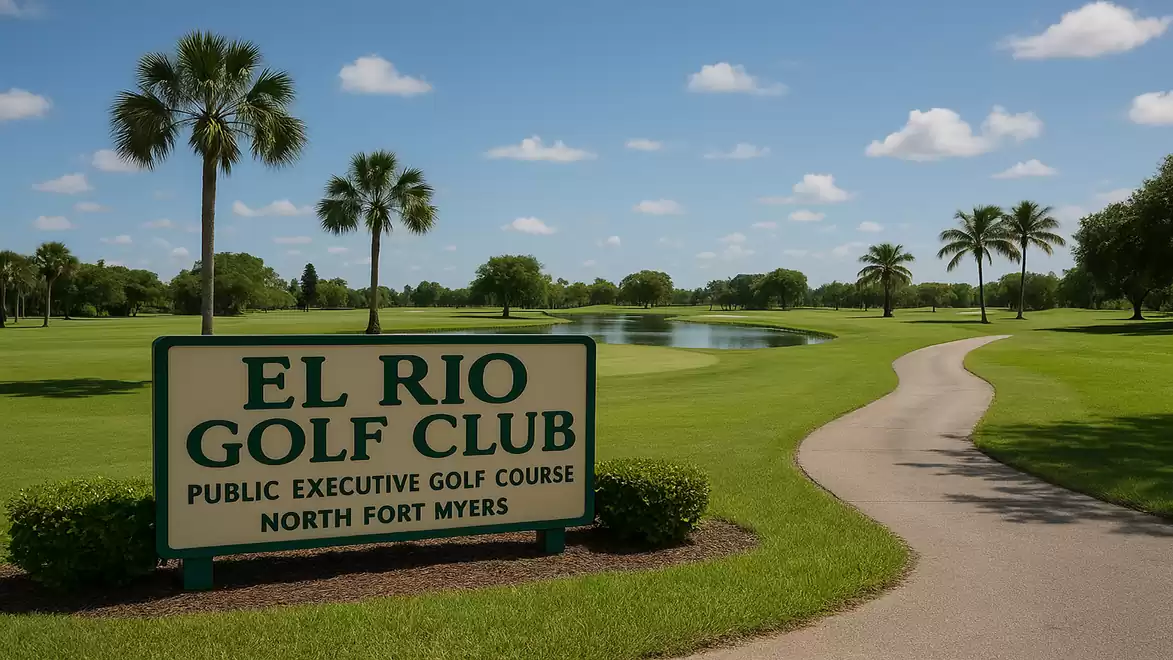 A sign reading 'El Rio Golf Club' in front of a green golf course with palm trees and a pond.