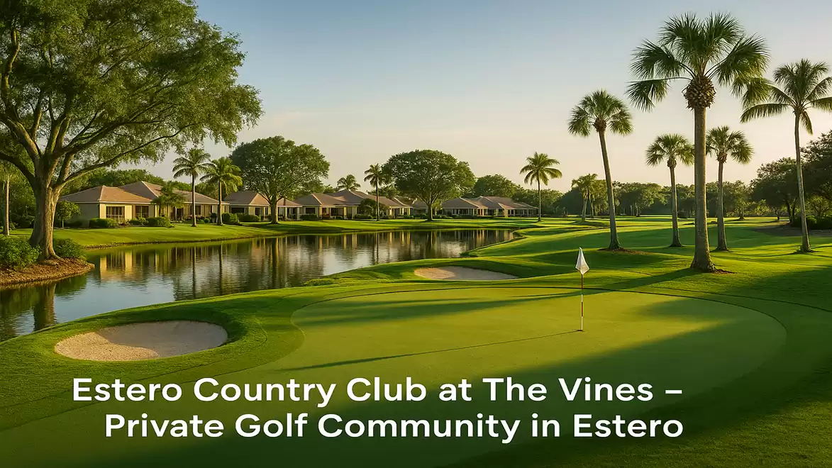 A beautiful golf course at Estero Country Club with manicured greens, palm trees, and a pond at sunrise.