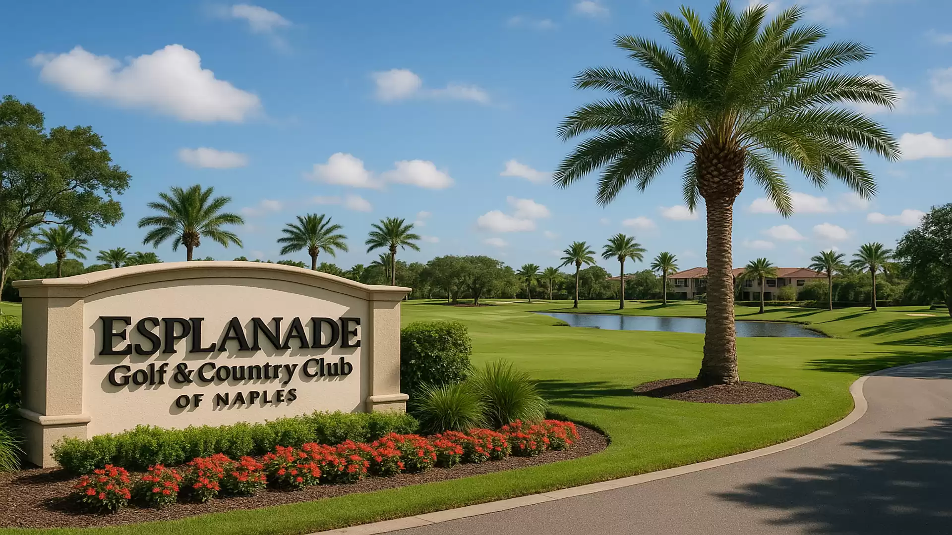 Entrance to the Esplanade Golf & Country Club of Naples, surrounded by palm trees and a manicured lawn.