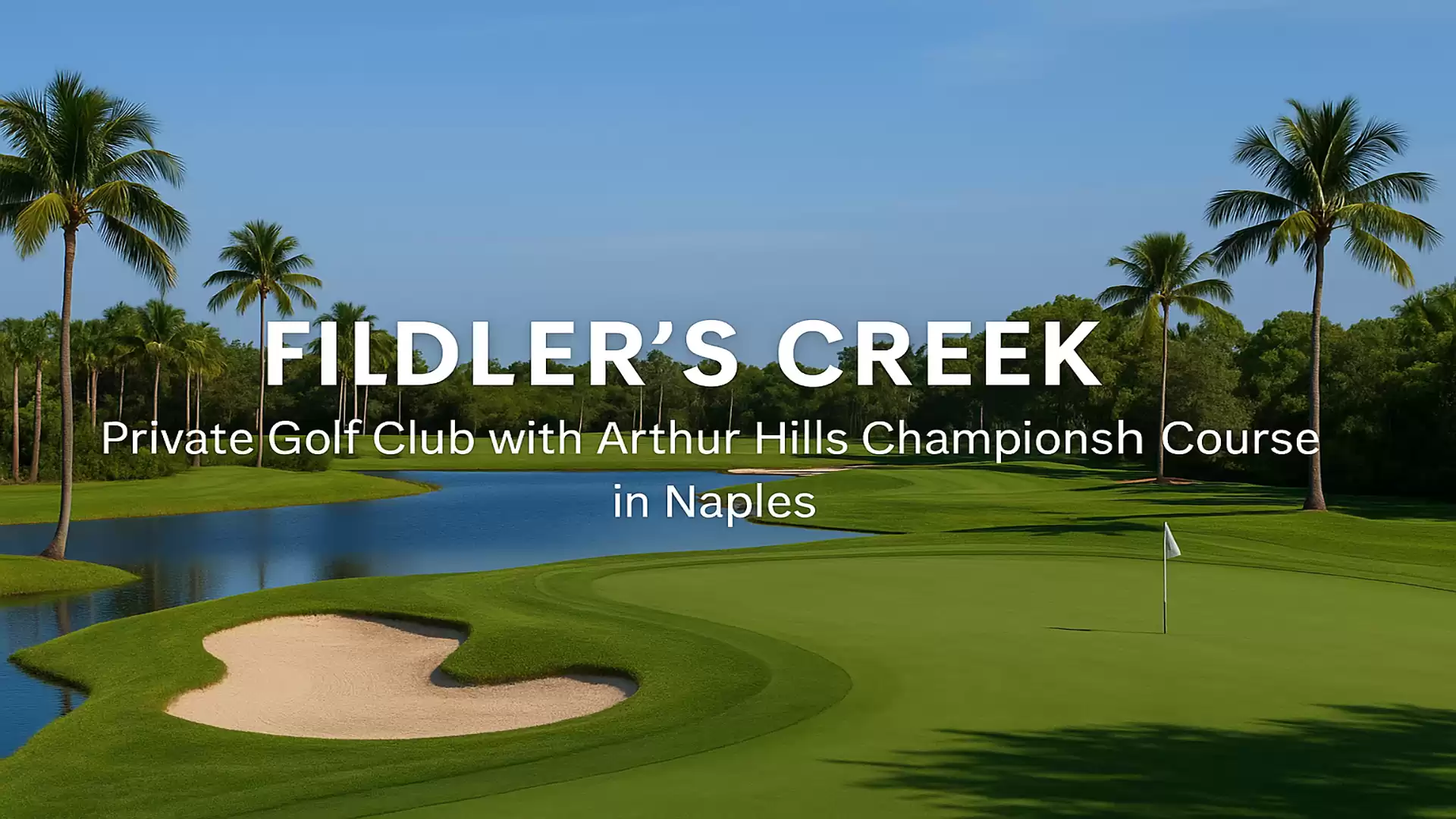 Landscape view of a golf course at Fidler's Creek with palm trees, a sand bunker, and a lake in the background.