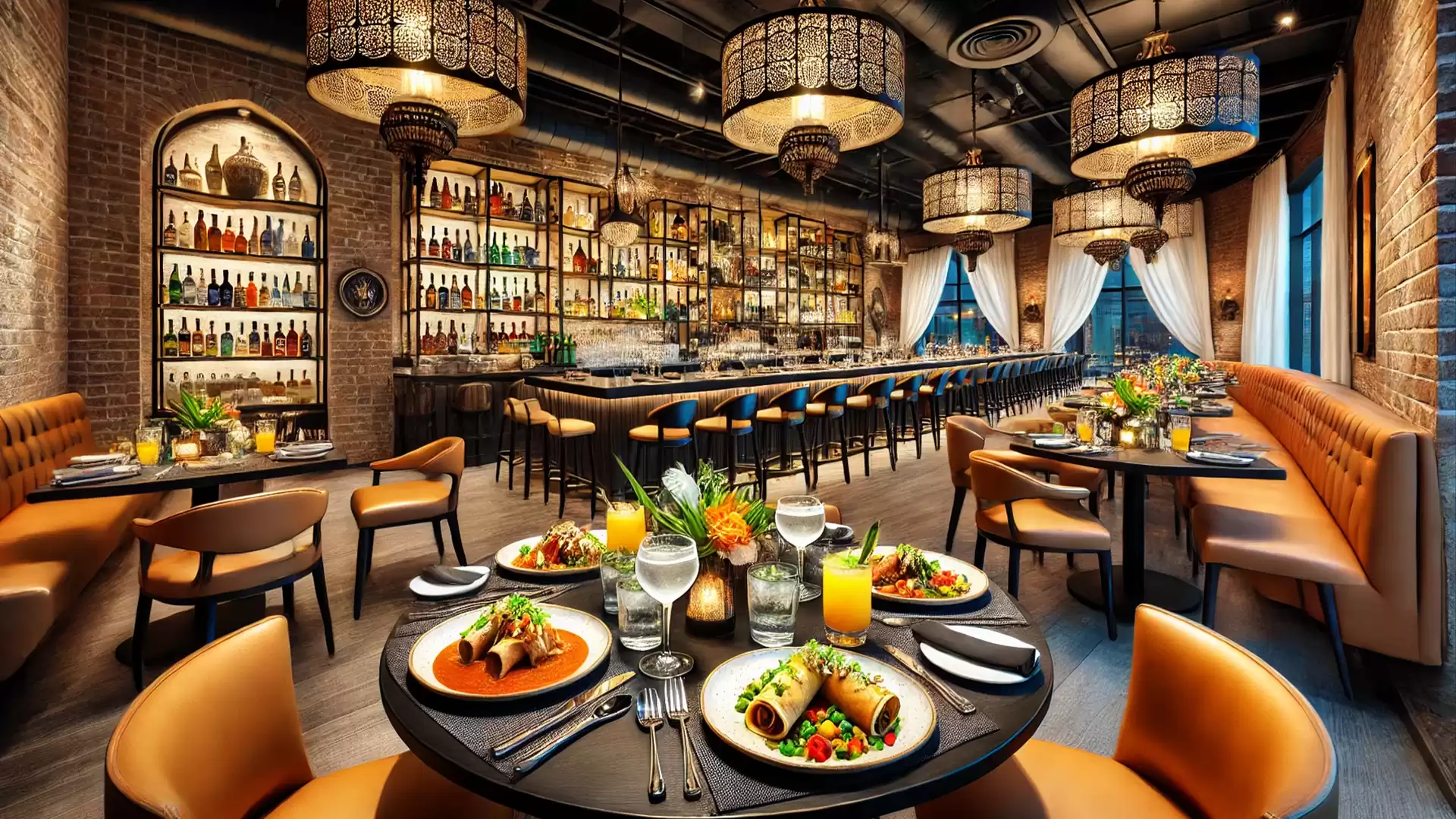 Elegant restaurant with stylish decor, tables neatly set with fresh dishes. A well-stocked bar is in the background.
