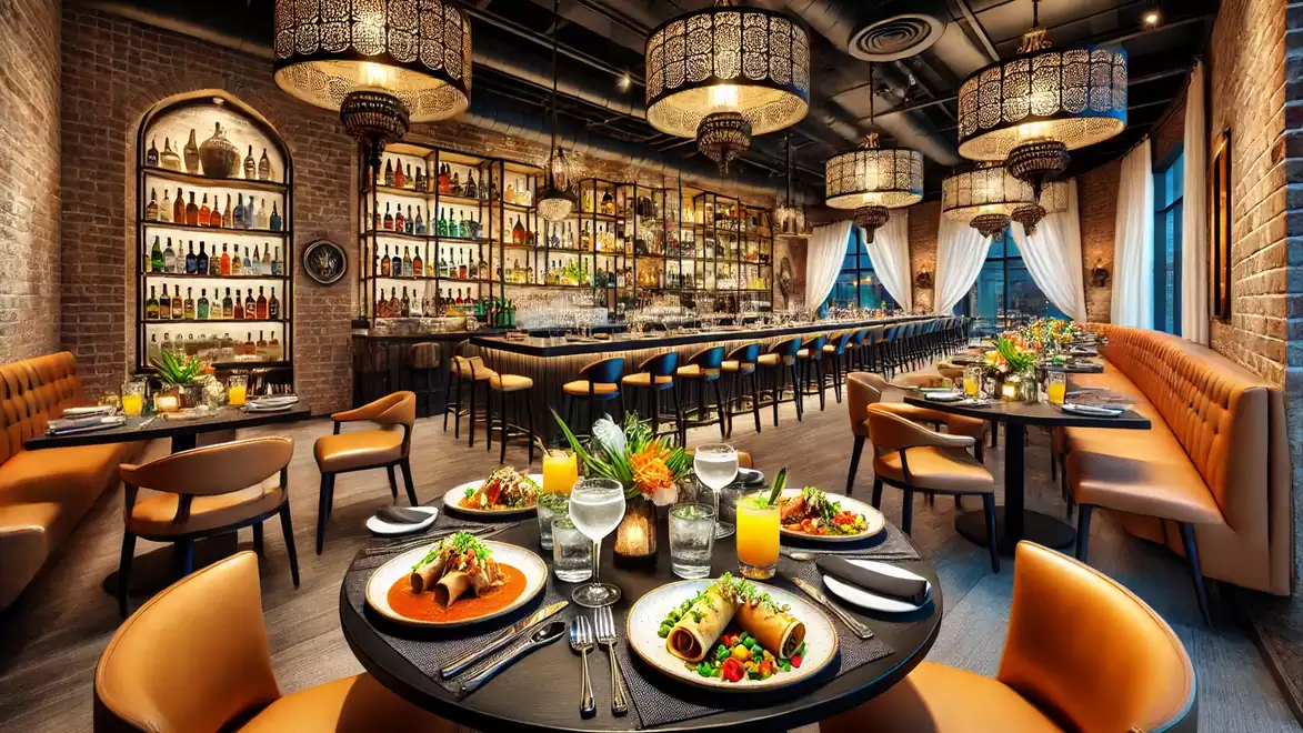 Elegant restaurant with stylish decor, tables neatly set with fresh dishes. A well-stocked bar is in the background.