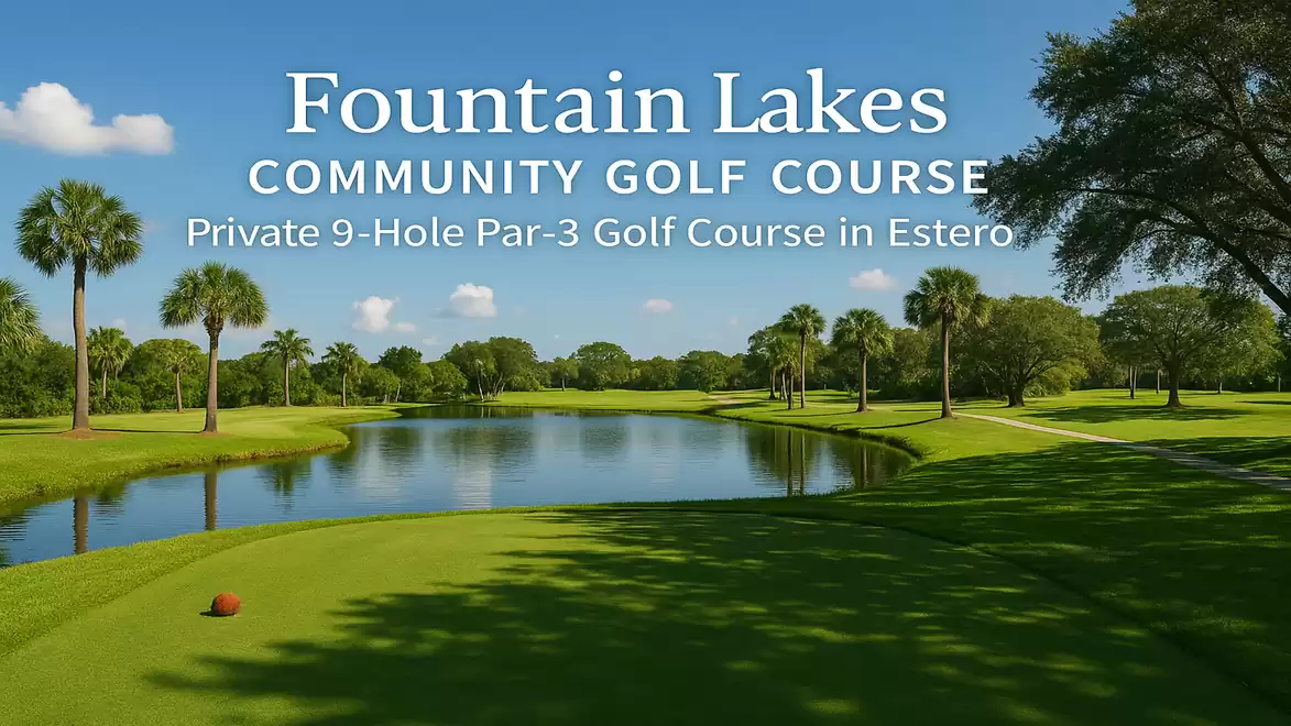 Fountain Lakes Community golf course with palm trees and a calm lake under a blue sky.