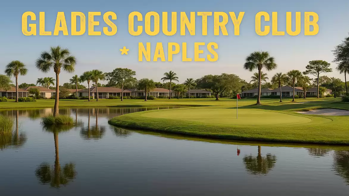 Panoramic view of Glades Country Club in Naples, featuring a golf course, palm trees, and a tranquil lake in the foreground.