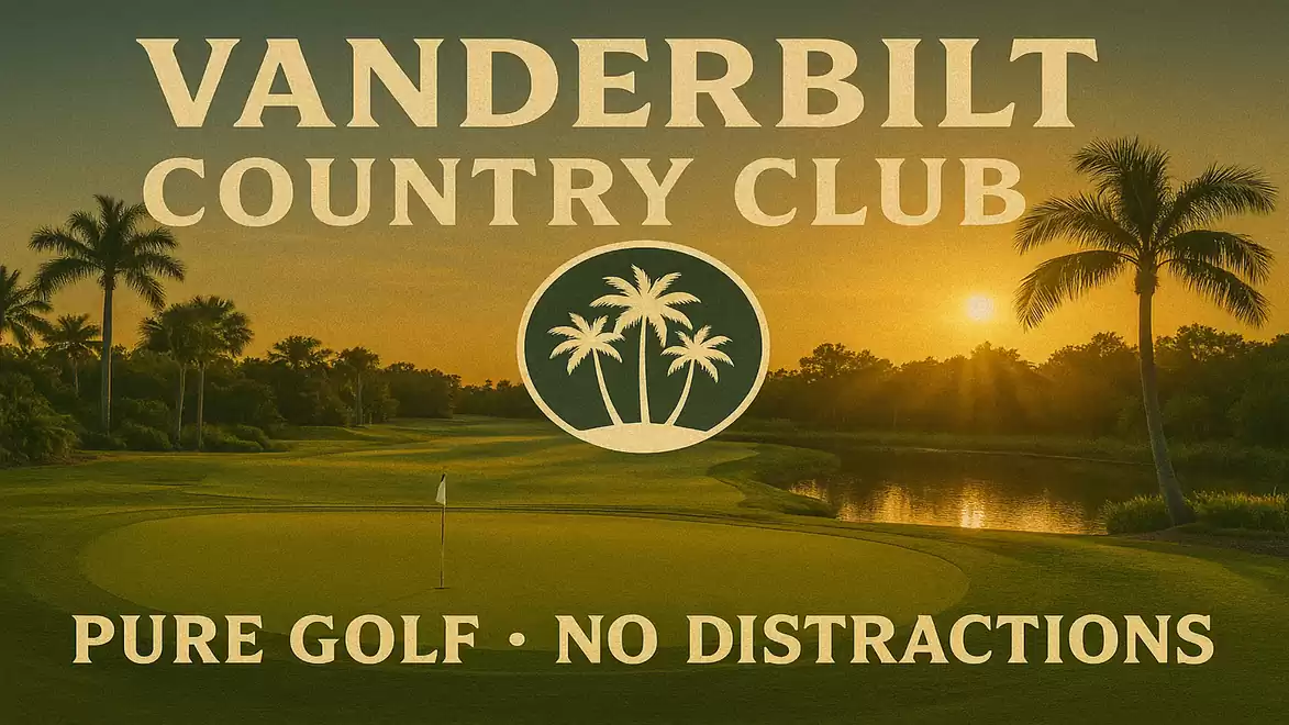 Sunset over a golf course at Vanderbilt Country Club with palm trees and a tranquil lake in the background. Text on the image reads 'Pure Golf - No Distractions'.