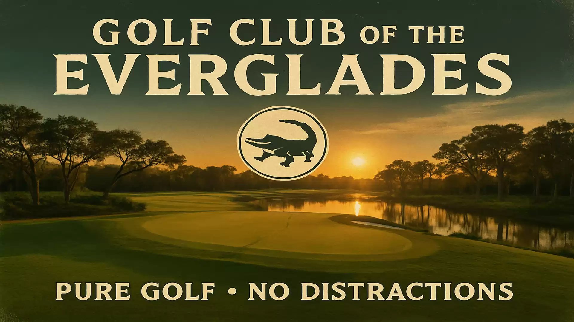 Sunset over the golf course featuring the logo of the Golf Club of the Everglades.