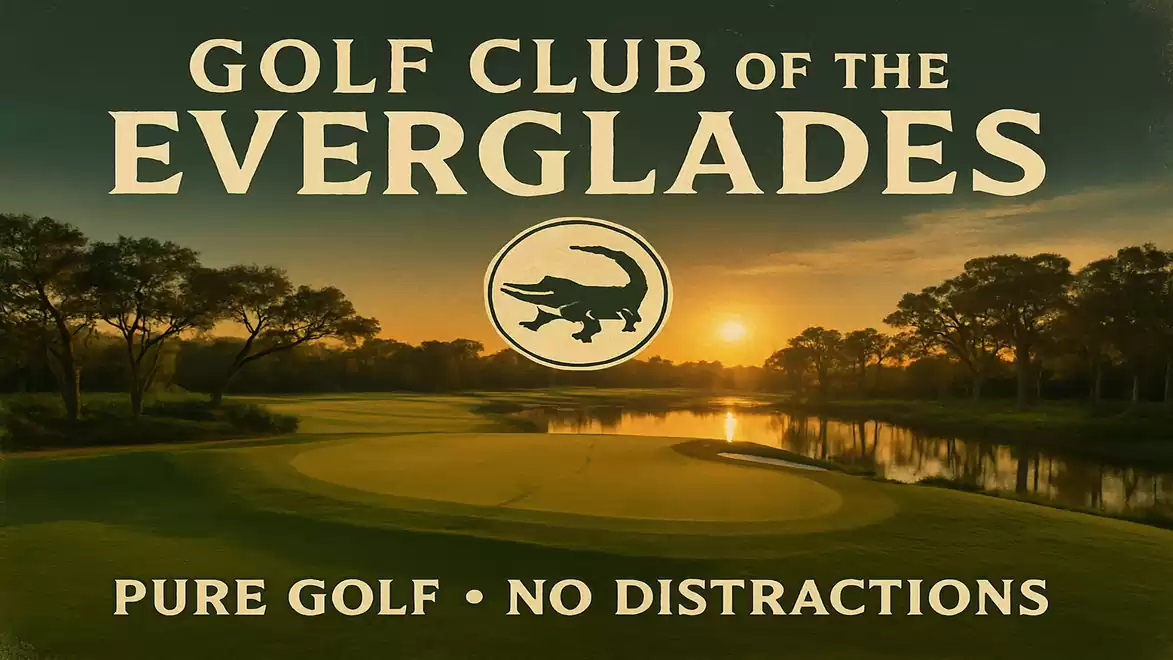 Sunset over the golf course featuring the logo of the Golf Club of the Everglades.