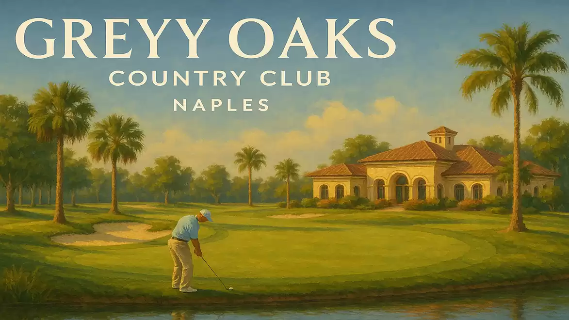 A golfer tees off on a well-maintained, palm-surrounded course. In the background is a Mediterranean-style clubhouse with the text 'Greyy Oaks Country Club Naples'.