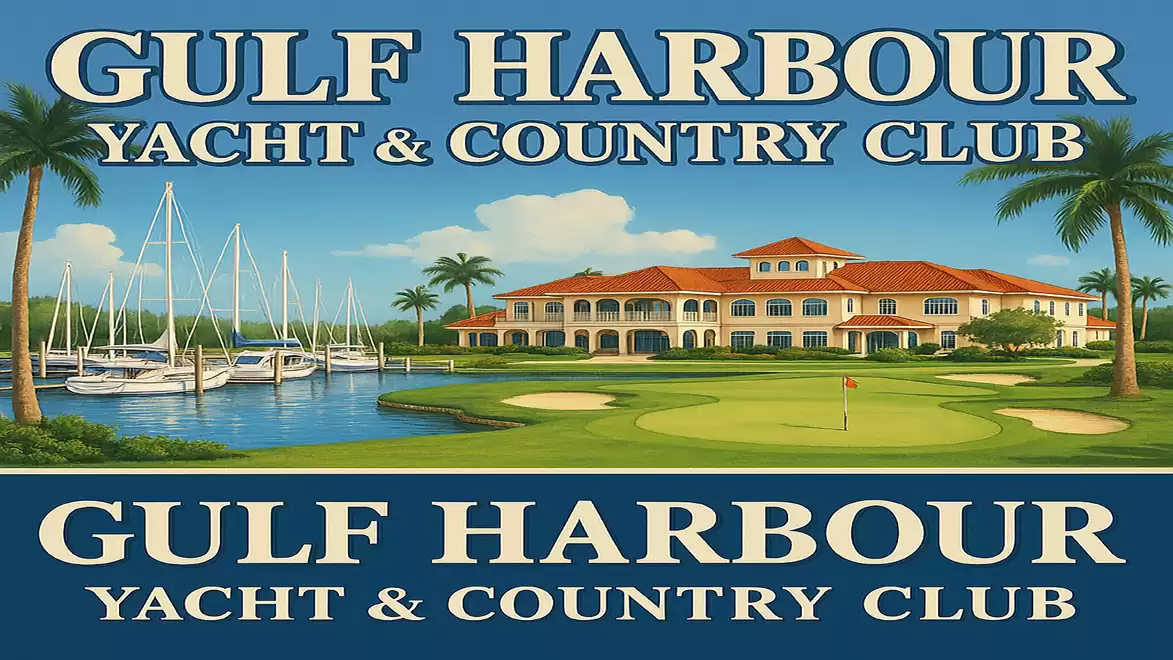 Illustration of a luxurious yacht and country club with a large mansion, surrounded by palm trees and yachts in the harbor.
