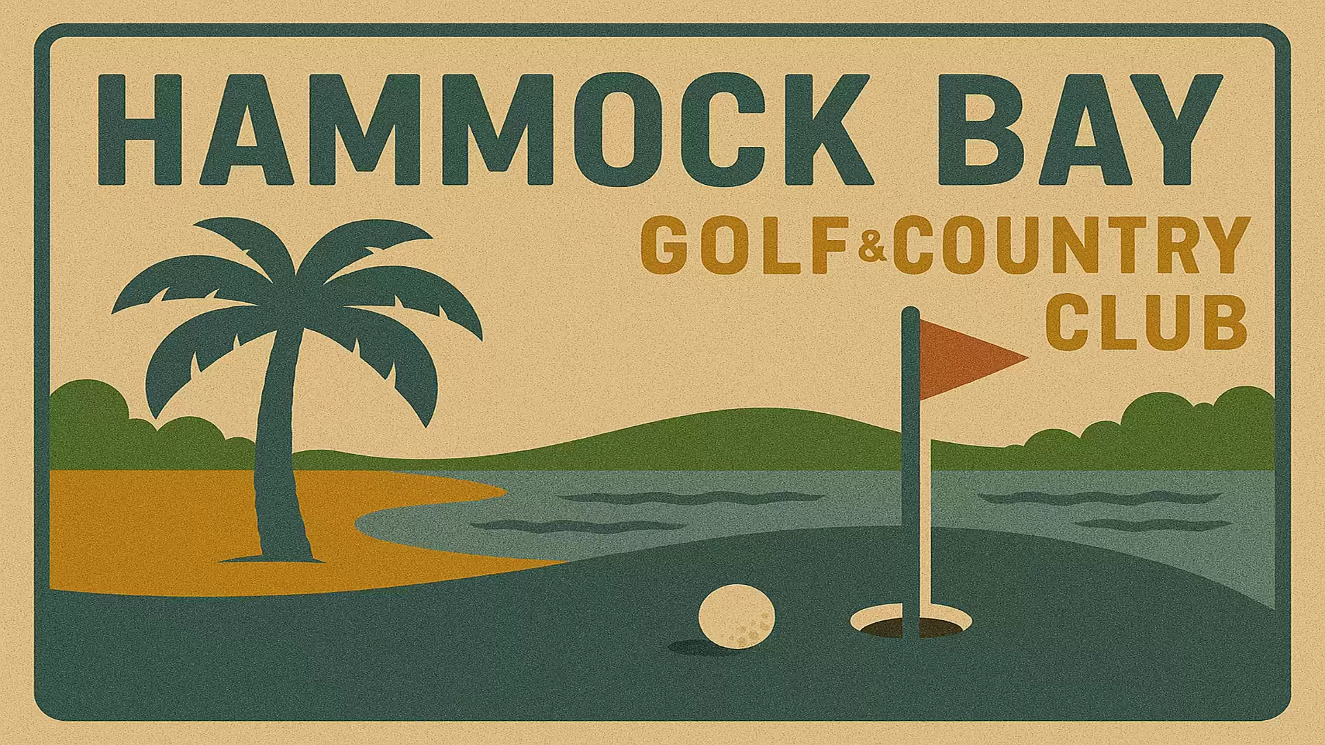 Illustration of a golf course with a palm tree, flag, and golf ball representing Hammock Bay Golf & Country Club.