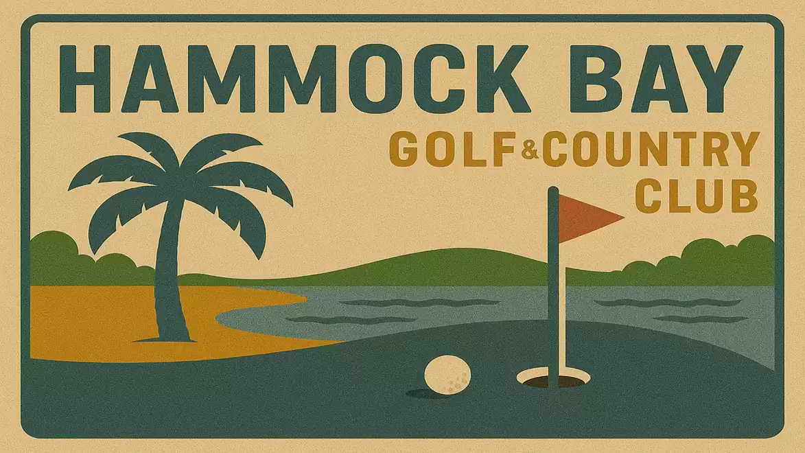 Illustration of a golf course with a palm tree, flag, and golf ball representing Hammock Bay Golf & Country Club.