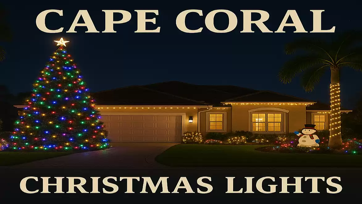 A house in Cape Coral is festively decorated with Christmas lights, including a large, colorfully lit Christmas tree and a lit snowman in the front yard.