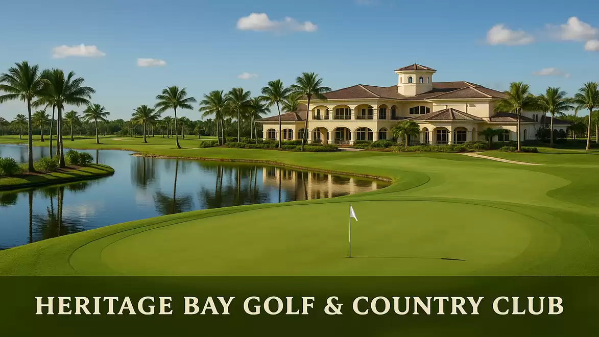 Elegant golf course surrounded by water and lush palm trees, with a magnificent clubhouse in the background under clear skies.