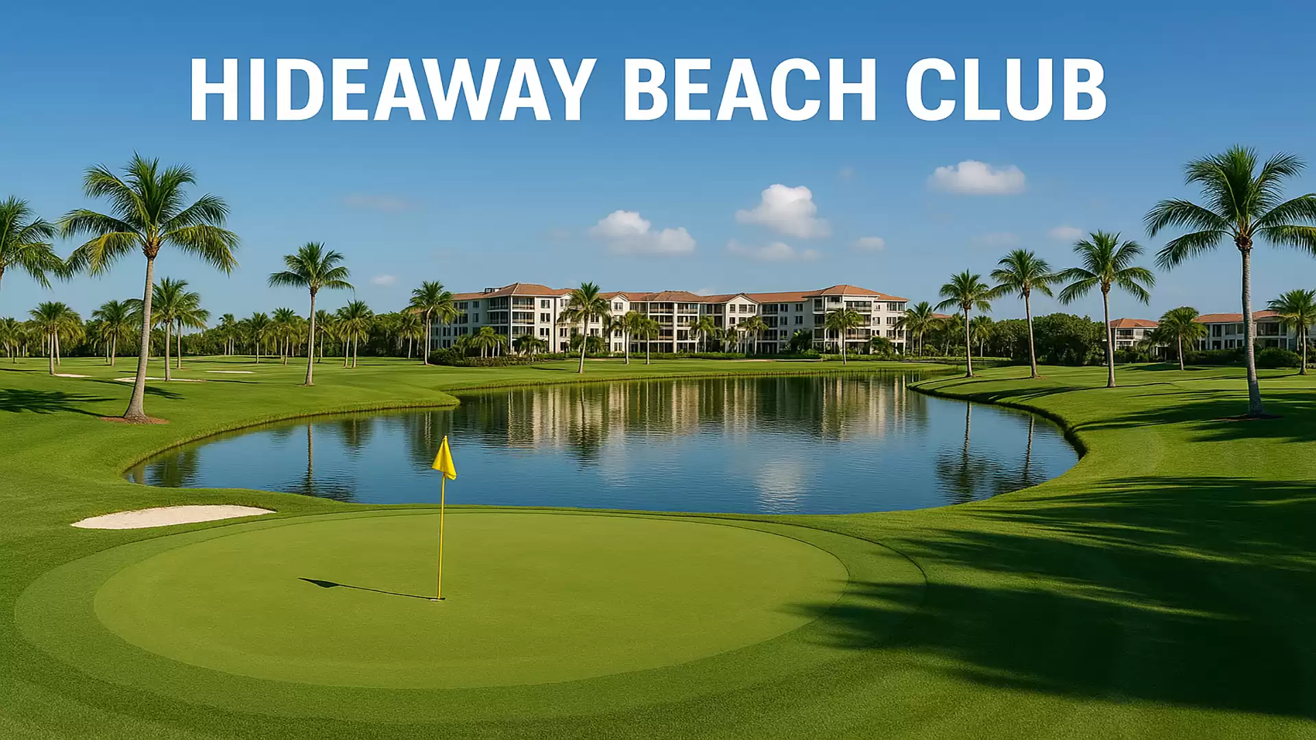 A well-maintained golf course with a pond in the foreground and tropical palm trees, buildings in the background with the text 'Hideaway Beach Club' above.