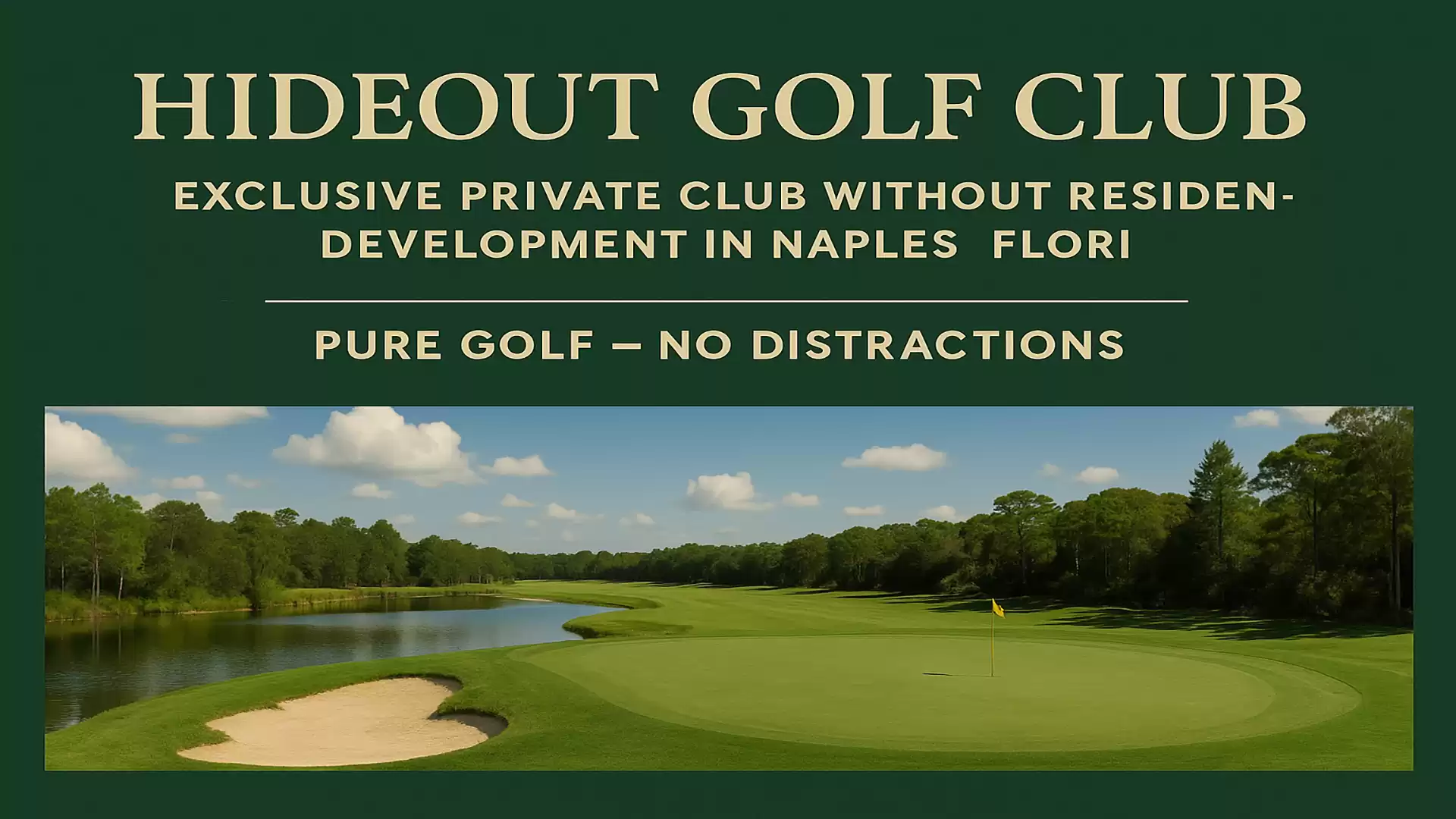Image of the Hideout Golf Club with a green golf course, an adjacent pond, and trees in the background. The text above describes it as an exclusive private club in Naples, Florida, without residential development.