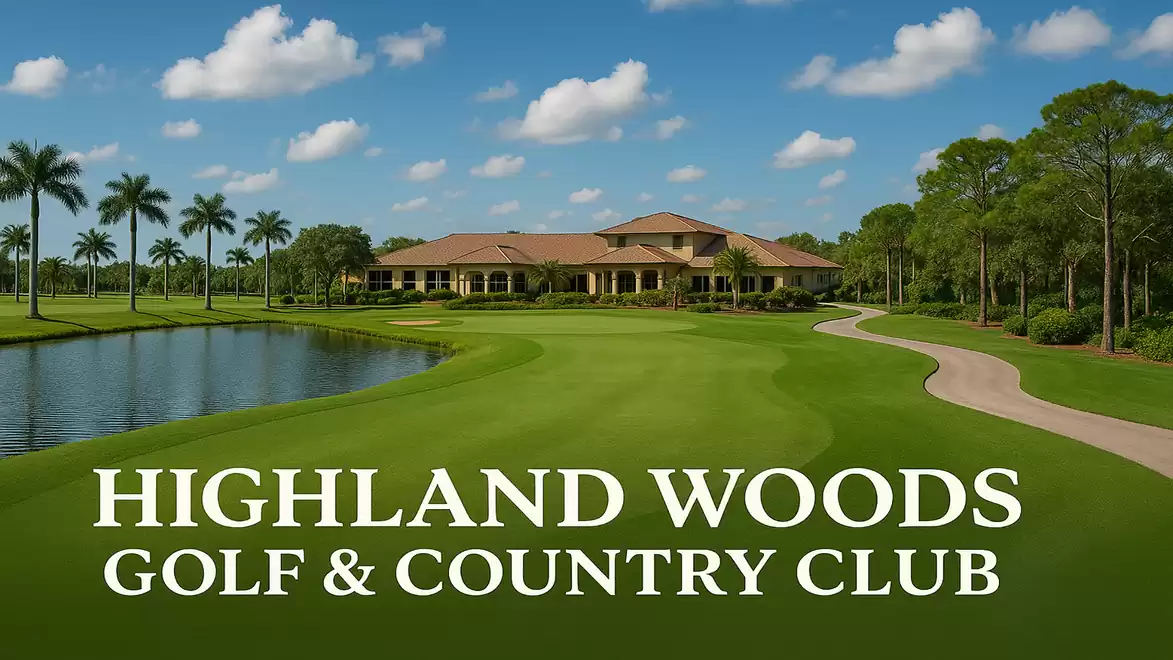 Golf course with clubhouse at Highland Woods Golf & Country Club, surrounded by palm trees and a lake.