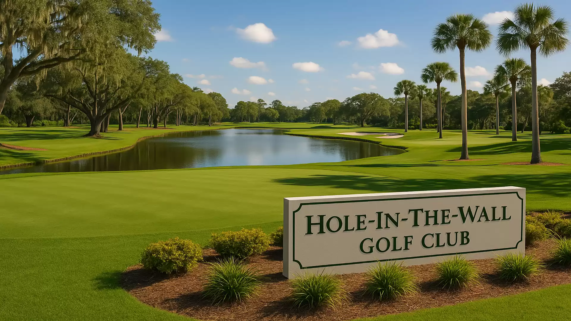 Green golf course landscape at Hole-In-The-Wall Golf Club with a tranquil lake and tall palm trees in the background.