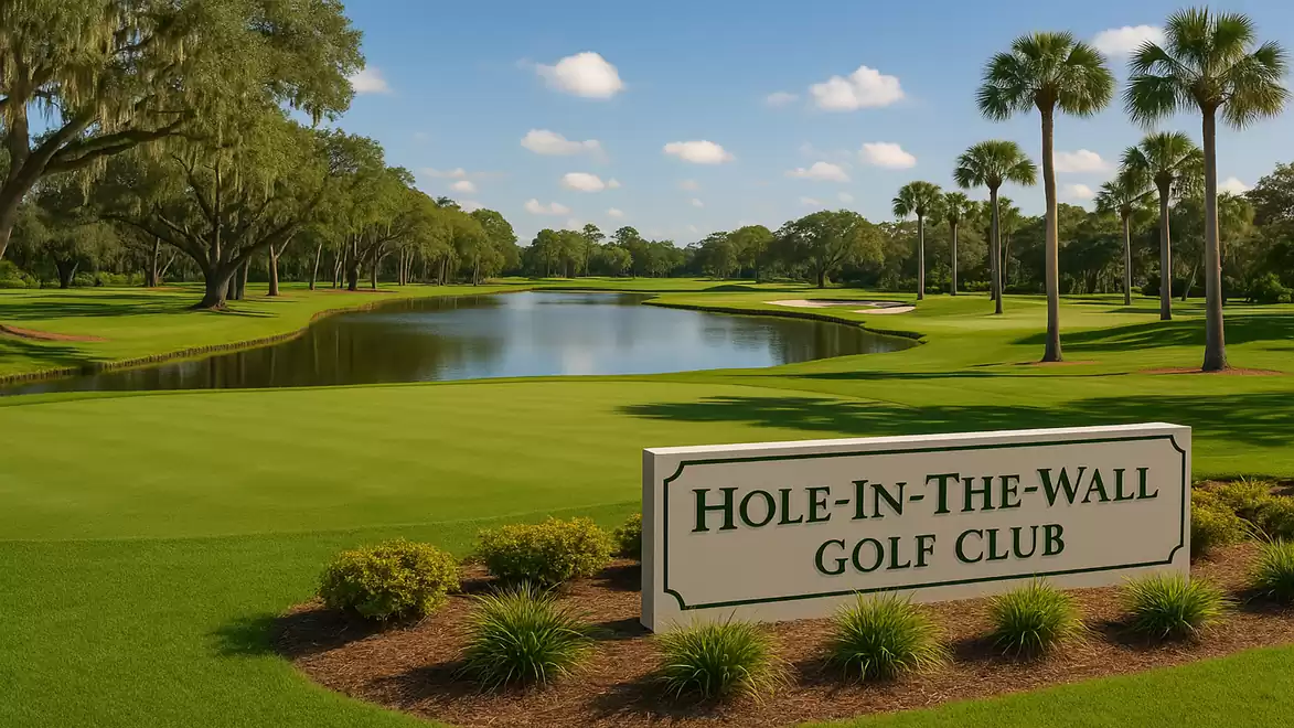 Green golf course landscape at Hole-In-The-Wall Golf Club with a tranquil lake and tall palm trees in the background.