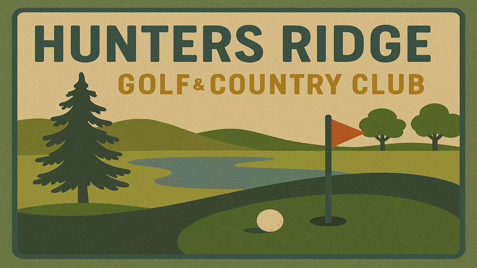 Illustration of a golf course with the text 'Hunters Ridge Golf & Country Club', a tree, a flag, and a golf ball.