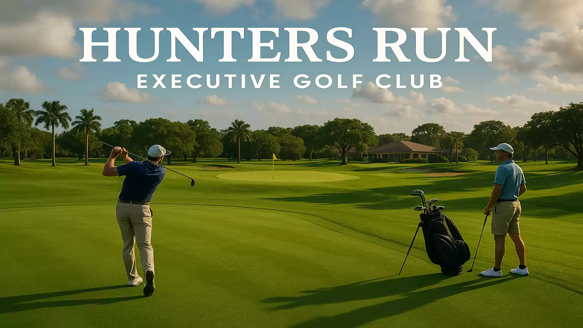 Two golfers on a well-maintained course at the Hunters Run Executive Golf Club on a sunny day.