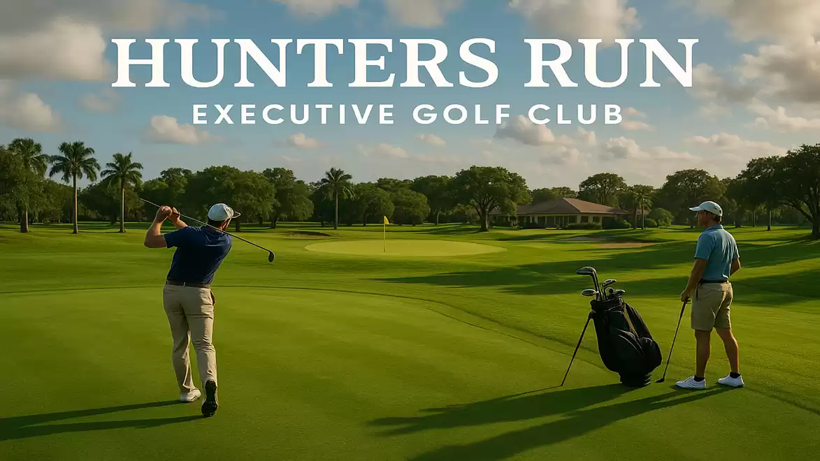 Two golfers on a well-maintained course at the Hunters Run Executive Golf Club on a sunny day.