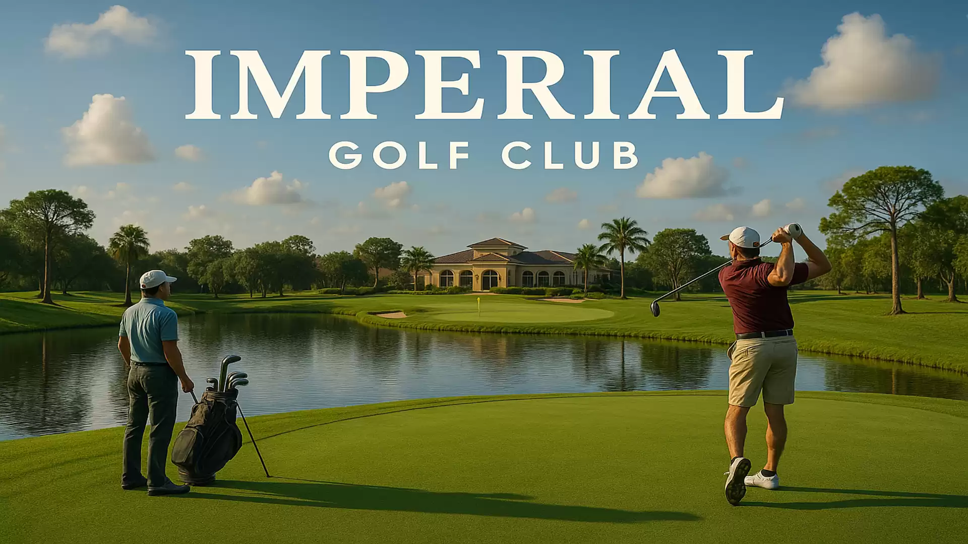 Two golfers on a well-maintained green with a clubhouse in the background at the Imperial Golf Club.