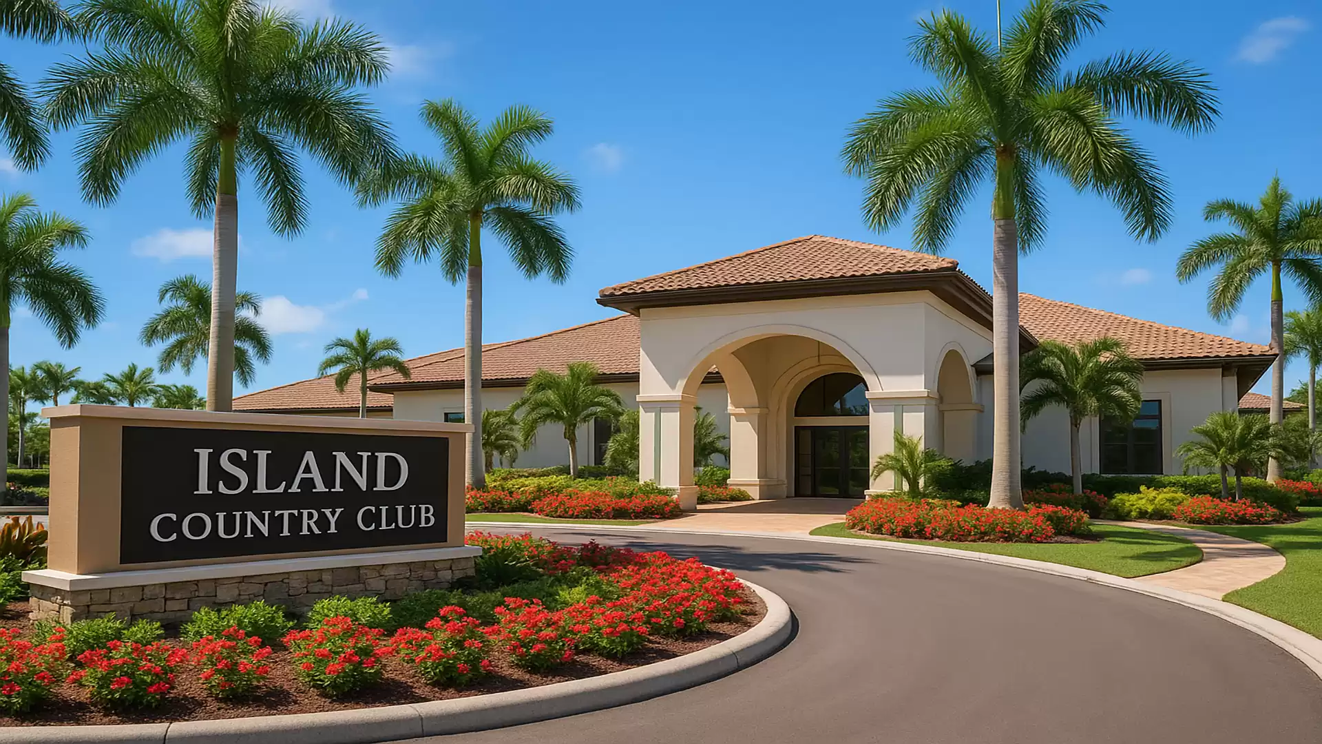 Entrance to Island Country Club with palm trees and well-kept gardens under a blue sky.