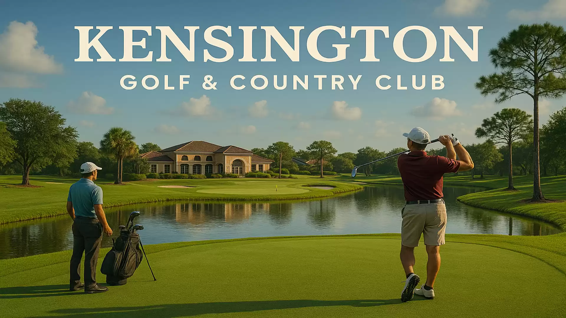 Two men playing golf at Kensington Golf & Country Club with a lake and clubhouse in the background.