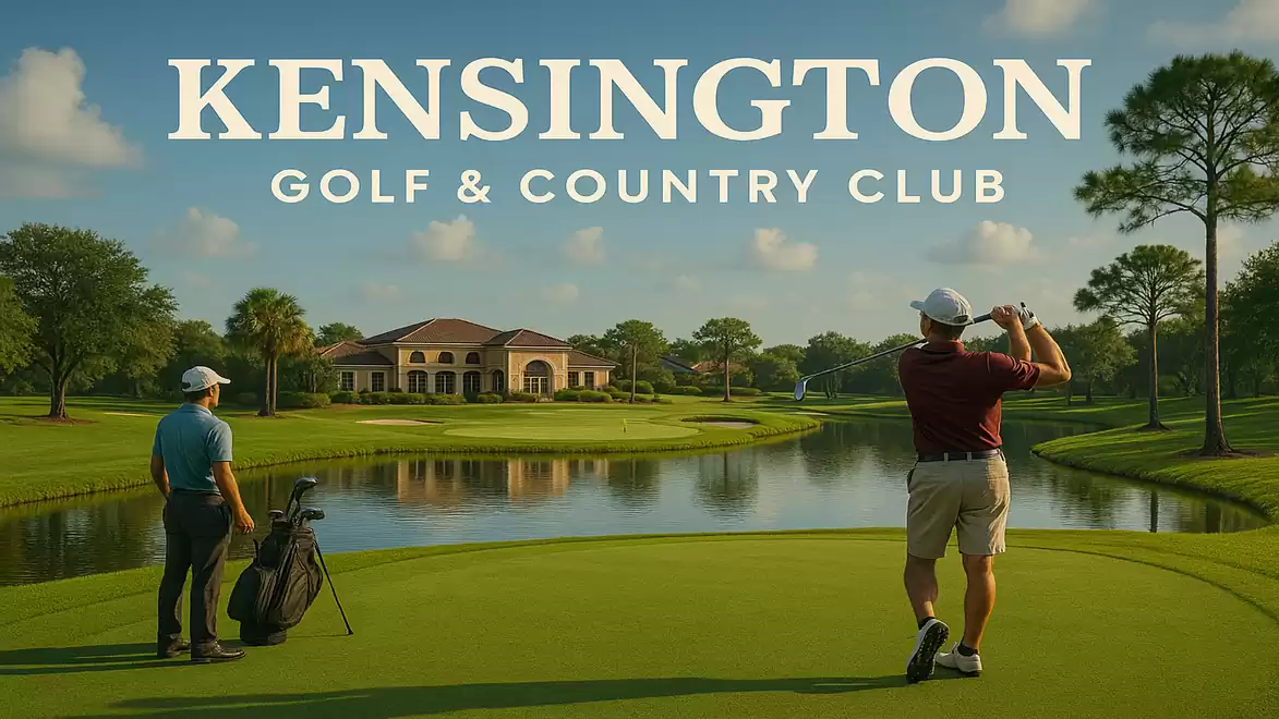 Two men playing golf at Kensington Golf & Country Club with a lake and clubhouse in the background.