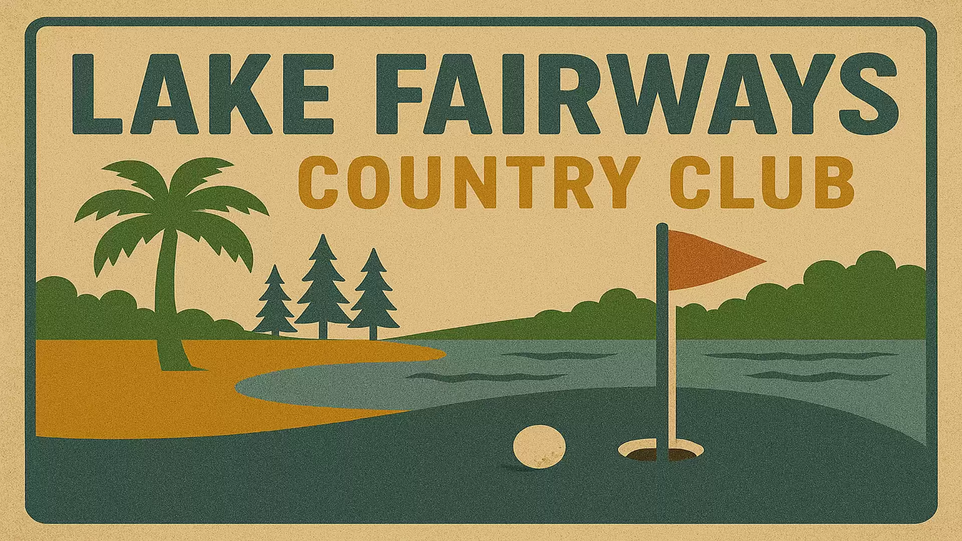 Logo of Lake Fairways Country Club featuring palm trees and a golf course motif.