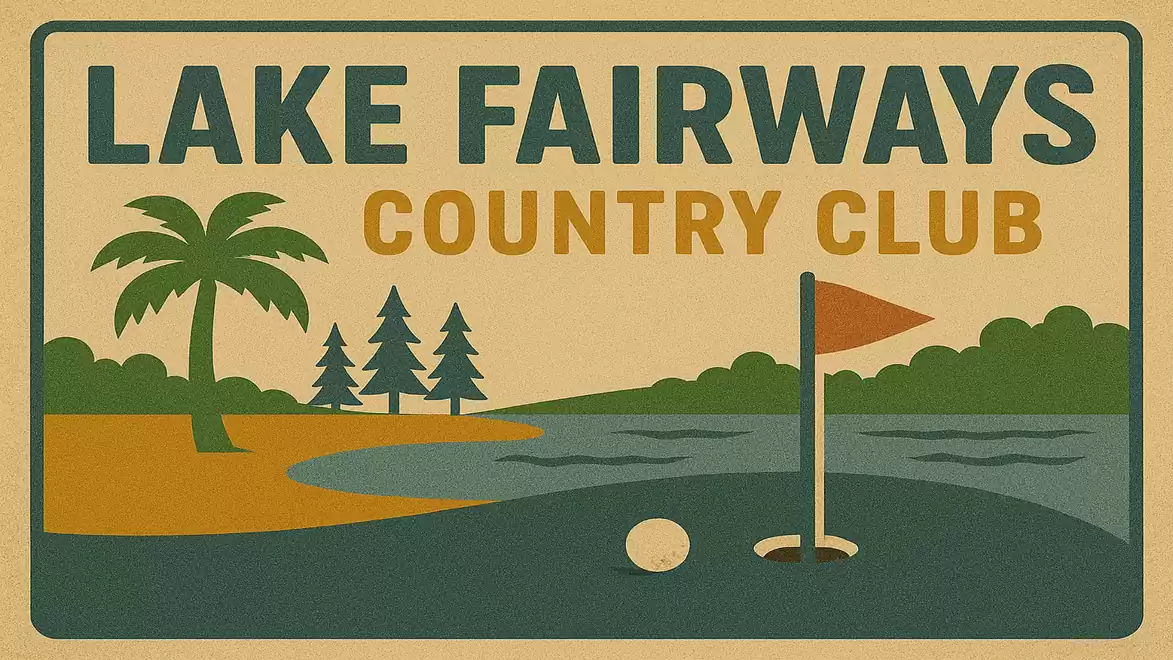 Logo of Lake Fairways Country Club featuring palm trees and a golf course motif.