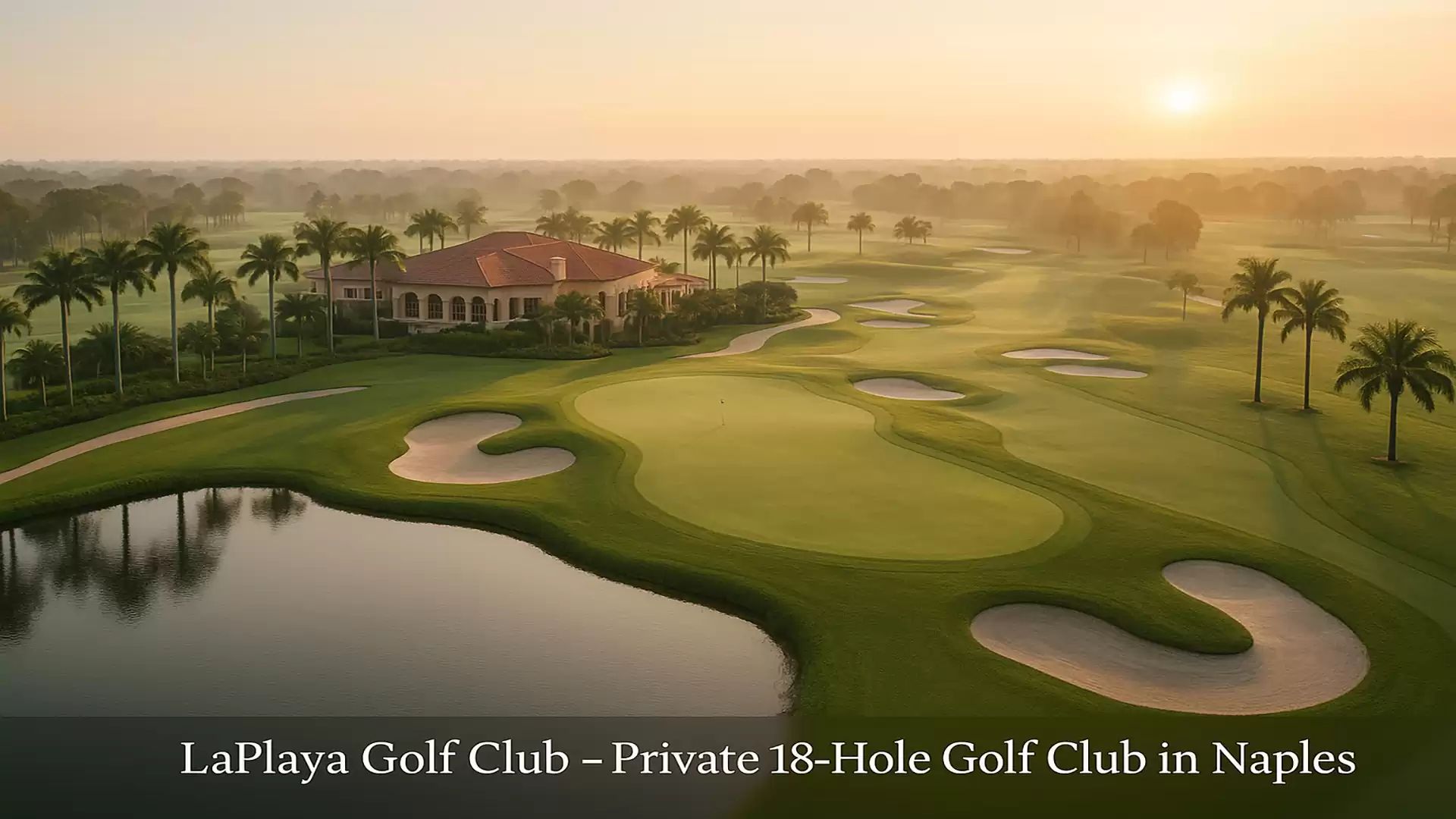 Sunset over LaPlaya Golf Club in Naples featuring the clubhouse and well-manicured 18-hole golf course surrounded by palm trees.