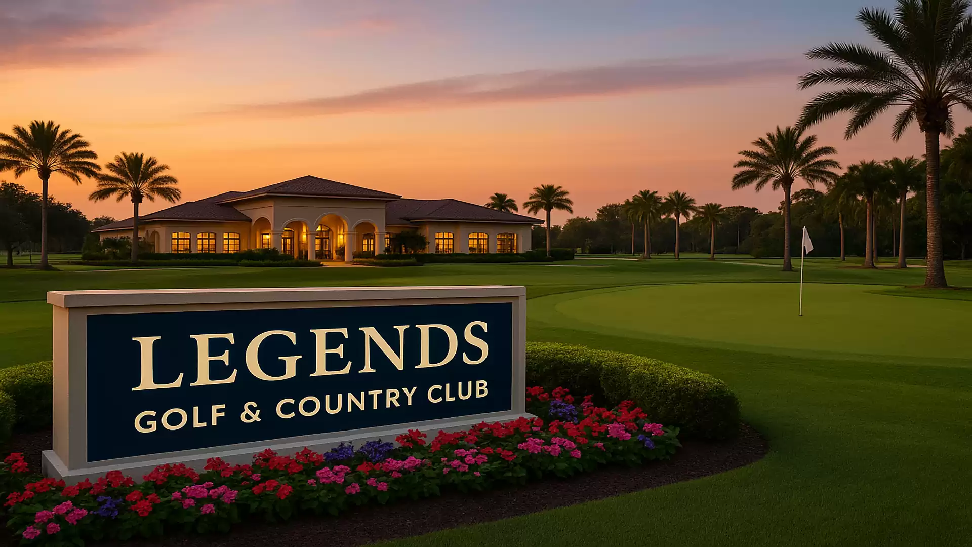 Golf course with palm trees and building in the background at sunset. A large sign with 'LEGENDS GOLF & COUNTRY CLUB' is visible in the foreground.