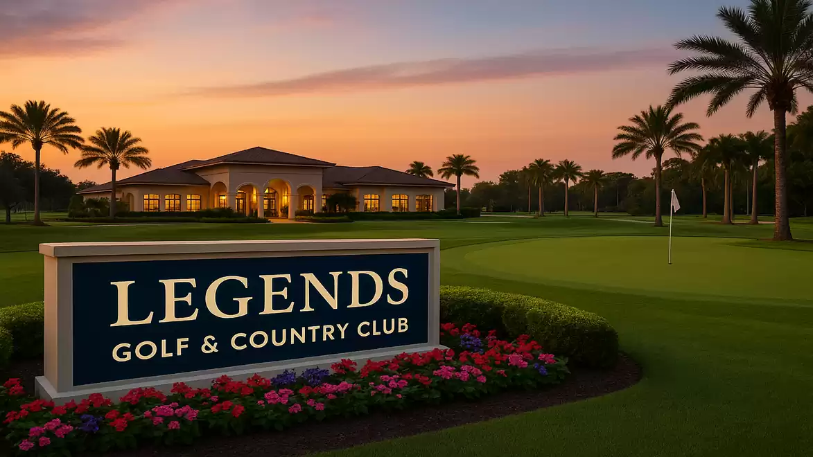 Golf course with palm trees and building in the background at sunset. A large sign with 'LEGENDS GOLF & COUNTRY CLUB' is visible in the foreground.