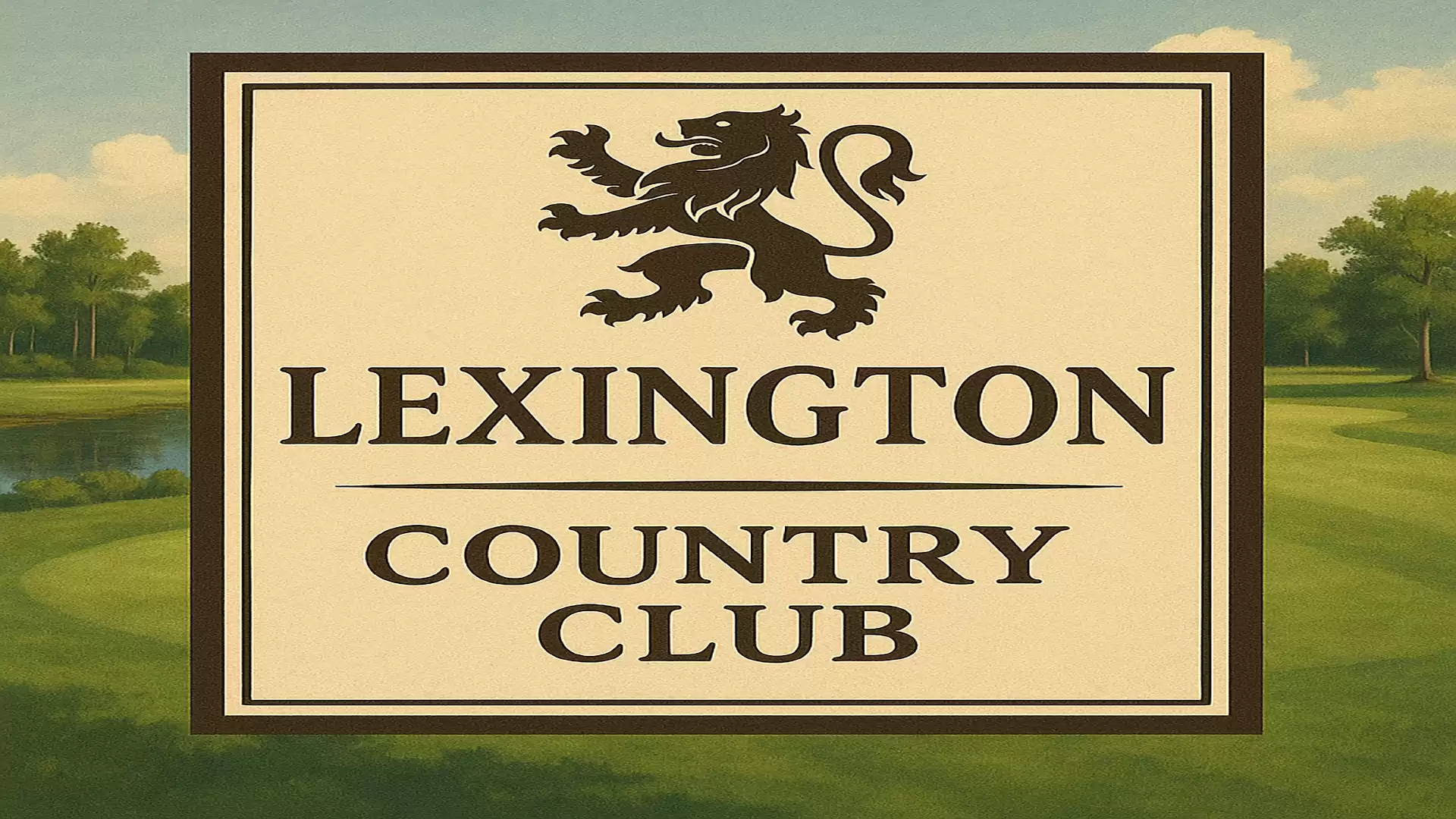 The image shows the logo of Lexington Country Club with a stylized lion in the center, surrounded by a golf course with trees in the background.
