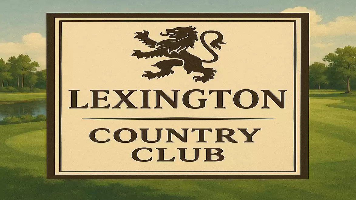 The image shows the logo of Lexington Country Club with a stylized lion in the center, surrounded by a golf course with trees in the background.