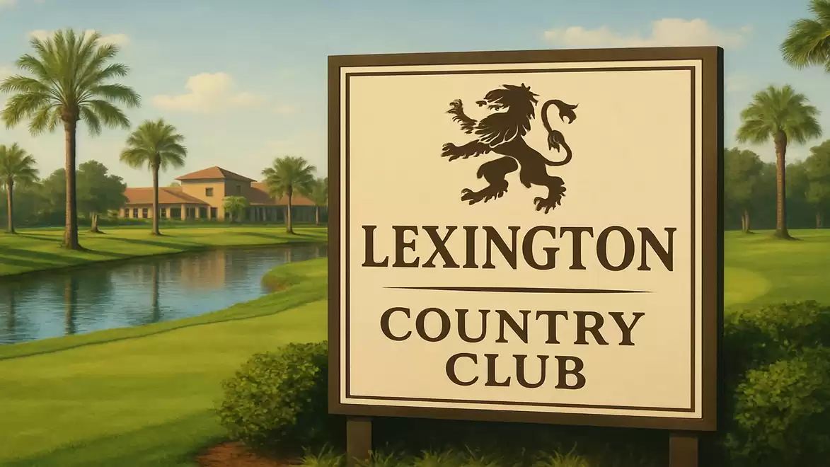 A sign of the Lexington Country Club in front of a scenic golf course landscape with palm trees and a water channel.