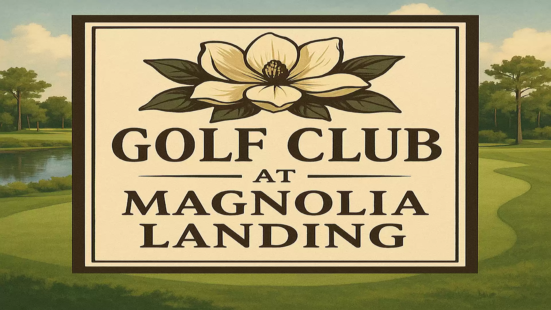 Sign of the Golf Club at Magnolia Landing featuring a large magnolia blossom motif and a green golf course landscape in the background.